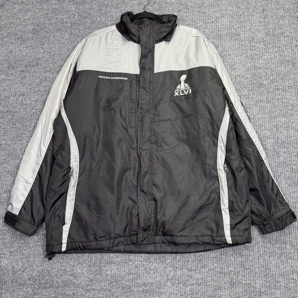 NFL Super Bowl XLVI Populous Accreditation Jacket Mens Large Black Grey Ripstop